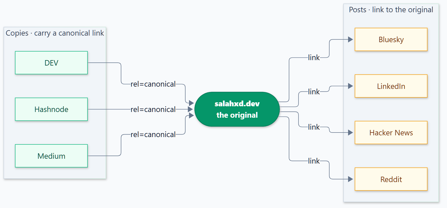 salahxd.dev as the original, with DEV, Hashnode and Medium carrying canonical links back to it, and Bluesky, LinkedIn, Hacker News and Reddit linking to it